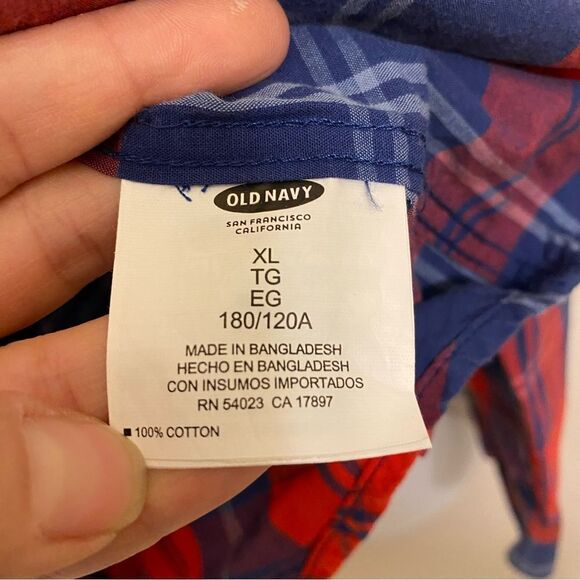 Old Navy red white Blue Striped Plaid Button Up Shirt long sleeve slim fit XL - Picture 8 of 9